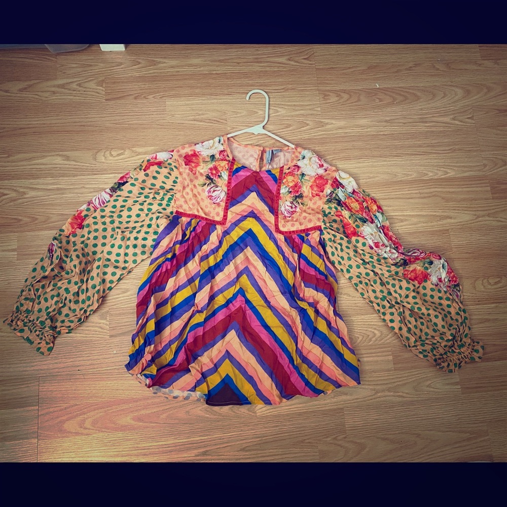 Anthropologie Multicolor Chevron & Floral Mixed-Print Blouse